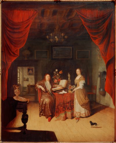 Een geleerde en zijn vrouw in een interieur door Matthys Naiveu
