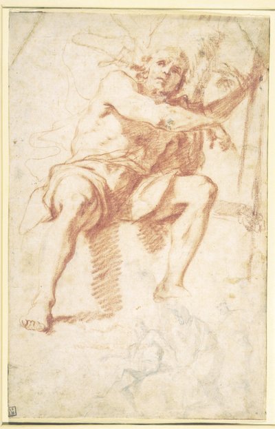St. Johannes de Doper zittend, en een studie voor St. Johannes de Doper met twee apostelen door Mattia Preti
