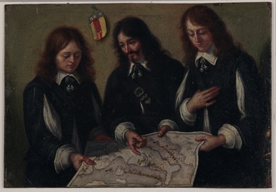 Portret van decaan John Bargrave, zijn neef Alexander Chapman en vriend John Raymond die een kaart van Italië raadplegen door Mattio Bolognini