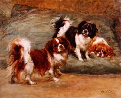 Drie King Charles Spaniels op een Kussen door Maud Earl