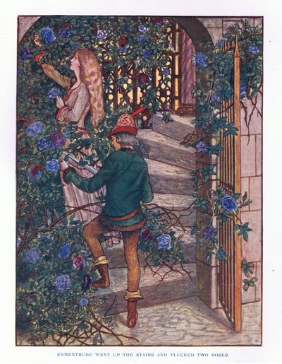 Ermentrude ging de trap op en plukte de rozen, illustratie uit Lady Anns Sprookjes, 1914 door Maud Tindal Atkinson