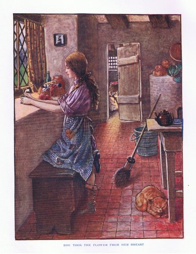 Ze nam de bloem van haar borst, illustratie uit Lady Anns Sprookjes, 1914 door Maud Tindal Atkinson