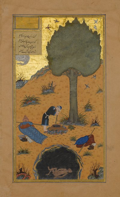 Hoe een Opschepper in een Put werd Verdrinken, Folio 33v uit een Haft Paikar..., ca. 1430 door Maulana Azhar
