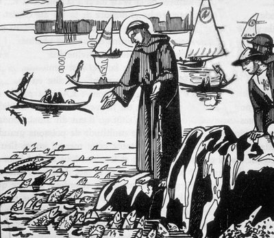 St. Franciscus van Assisi preekt voor vissen in Rimini, gegraveerd door Jacques Beltrand naar een tekening van Maurice Denis door Maurice (after) Denis