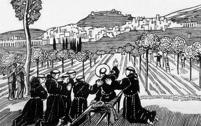De dood van St. Franciscus van Assisi die de stad Assisi zegent, gegraveerd door Jacques Beltrand naar een tekening van Maurice Denis door Maurice (after) Denis