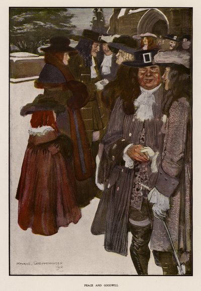 Kerstgroeten uitwisselen buiten een kerk door Maurice (after) Greiffenhagen