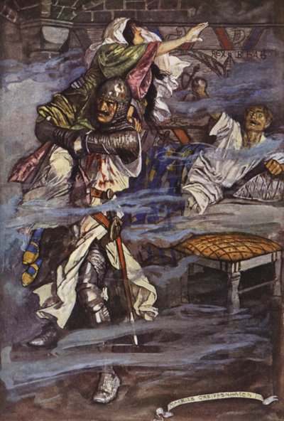 Illustratie voor Ivanhoe van Sir Walter Scott (kleurenlitho) door Maurice (after) Greiffenhagen