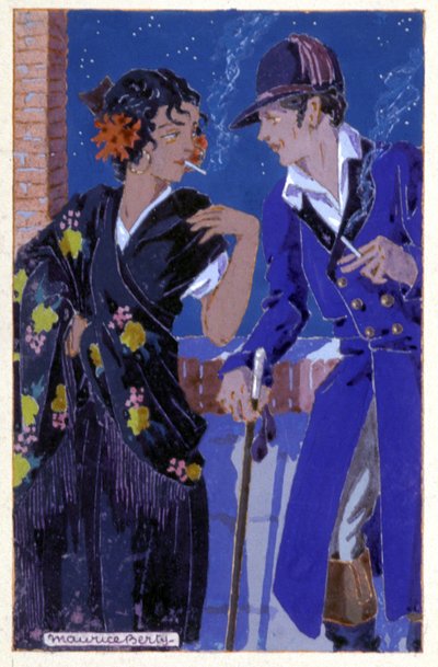 Don Jose en Carmen roken, ca. 1930 (illustratie) door Maurice Berty