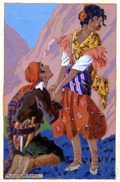 Ontmoeting tussen Don Jose en Carmen, c. 1930 (illustratie) door Maurice Berty