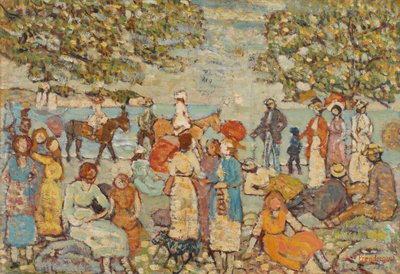 Strandscène met ezels (of muilezels) door Maurice Brazil Prendergast