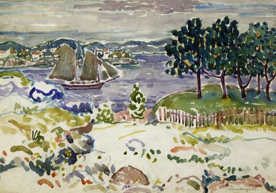 Inham met zeilboot, Maine, ca. 1913-1915 door Maurice Brazil Prendergast
