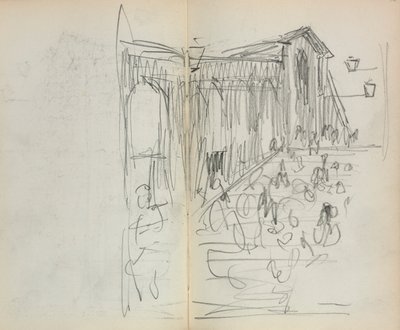 Italiaans schetsboek: Brug met figuren pagina 95 & 96, 1898-1899 door Maurice Brazil Prendergast