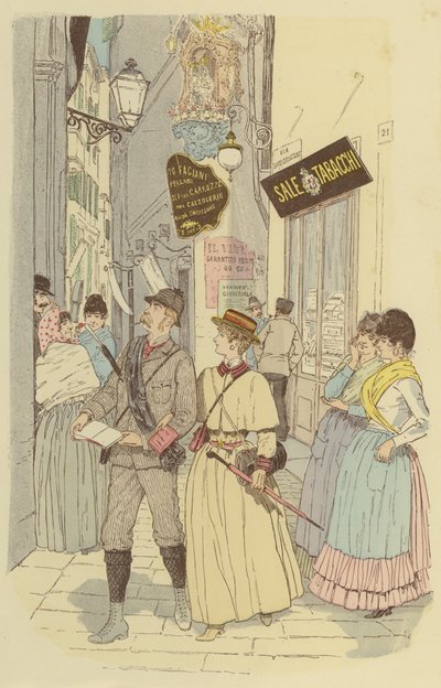 Een man en zijn vrouw wandelen door de steegjes van de oude stad Genua door Maurice Charles Mathieu Bonvoisin