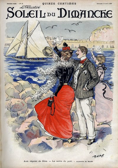Bij de regatta van Nice, de uitgang van de haven. Naar een aquarel van Mars. Gravure in 