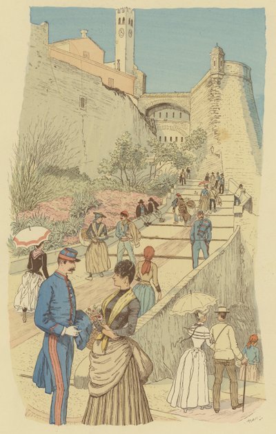 Mensen die lopen op de Grote Trap in het Koninklijk Paleis, Monaco door Maurice Charles Mathieu Bonvoisin