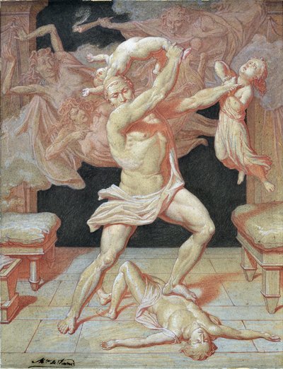Hercules, gek gemaakt door Hera, vermoordt zijn kinderen (tekening) door Maurice De Vaines