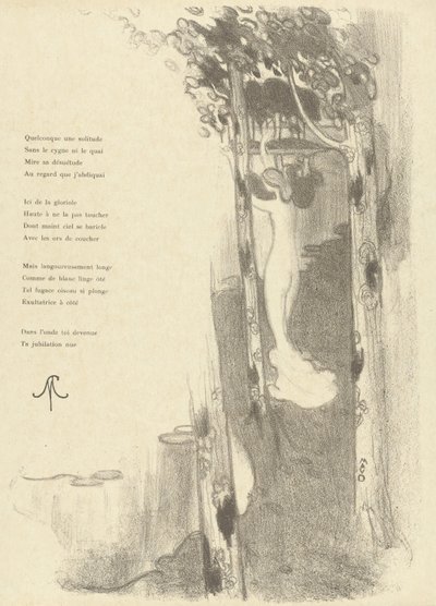 Illustratie met staande naakte vrouw tussen bomen bij een meer bij gedicht Petit Air van Stéphane Mallarmé door Maurice Denis