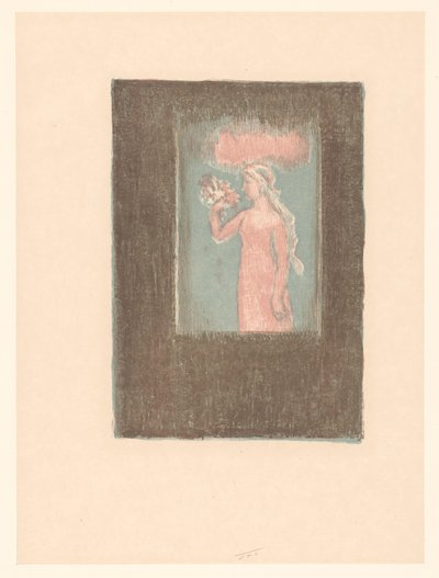 Jong meisje met bloemen voor een venster door Maurice Denis