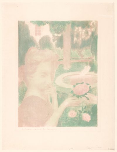 Jonge vrouw krijgt bloemenboeket in een tuin door Maurice Denis