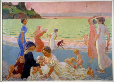 Septemberavond Jonge vrouwen en kinderen op het strand aan het einde van de dag, moeder geeft borstvoeding, anderen spelen met rackets, 1911 door Maurice Denis