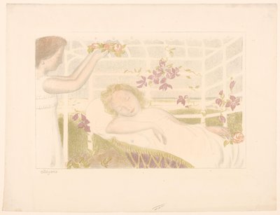 Slapend meisje krijgt bloemenkrans door Maurice Denis