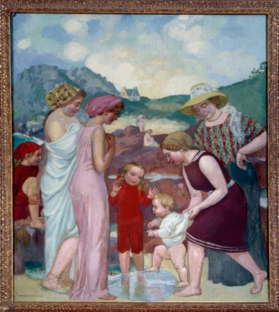 De eerste stappen. Een jonge jongen zet zijn eerste stappen voor zijn moeder en familie door Maurice Denis