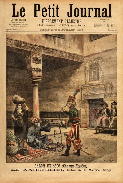 Tijdens de Franse campagne in Egypte ondervraagt een soldaat een inheemse persoon over zijn waterpijp, de narghileh door Maurice Henri (after) Orange