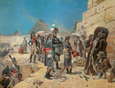 Napoleon Bonaparte voor de piramides, contemplerend de mummie van een koning op het platteland van Egypte door Maurice Henri Orange
