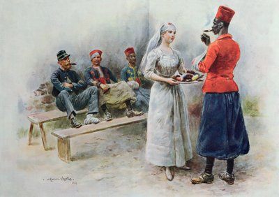 De favoriete verpleegster met Zouaven en soldaten tijdens de Eerste Wereldoorlog, 1915 door Maurice Henri Orange