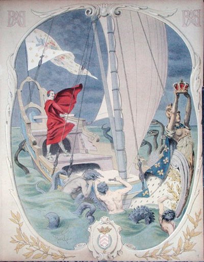 Armand-Jean du Plessis, Kardinaal Richelieu (1585-1642) afgebeeld als beschermer van loyaliteit aan de Franse Kroon, illustratie uit een leven van Richelieu door Theodore Camu door Maurice Leloir