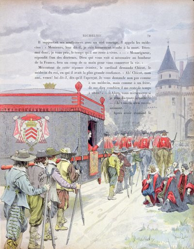 Armand-Jean du Plessis, Kardinaal Richelieu (1585-1642) reizend in een draagstoel als oude man, illustratie uit een leven van Richelieu door Theodore Camu, 1910 door Maurice Leloir
