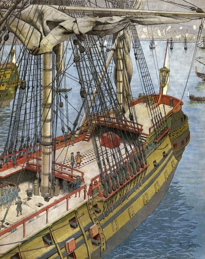 Bombardement en brand van de stad Algiers in 1682: Abraham Marquis Duquesne, een officier van de Franse marine, kijkt vanaf zijn schip naar het effect van de bommen. Chromotypografie in 