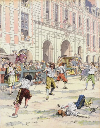 Boutteville en Beuvron vechten een duel op de Place Royale door Maurice Leloir