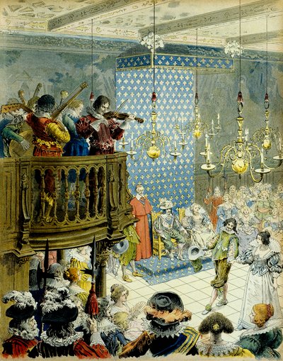 Geschiedenis van Frankrijk: Een bal aan het hof van koning Lodewijk XIII (1601-1643) met koningin Marie de Medicis (1575-1642) en kardinaal Richelieu (Armand Jean du Plessis) door Maurice Leloir
