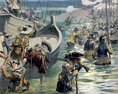 Geschiedenis van Frankrijk: Hulp gestuurd naar de verdedigers van het eiland Ré door kardinaal Richelieu (Armand Jean du Plessis) door Maurice Leloir