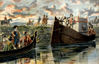 Geschiedenis van Frankrijk: Armand Jean Du Plessis, kardinaal van Richelieu (1585-1642) vaart de Rhône op, met achter zijn boot Henri Coiffier de Ruze d
