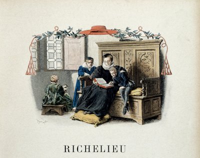 Geschiedenis van Frankrijk: De moeder van Armand Jean du Plessis, die kardinaal Richelieu (1585-1642) werd en vervolgens minister van Lodewijk XIII, begeleidt zijn eerste lezingen door Maurice Leloir
