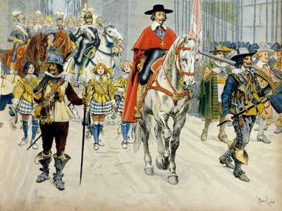 Geschiedenis van Frankrijk: Begrafenis van koning Lodewijk XIII (1601-1643) en kardinaal Richelieu (Armand Jean du Plessis) door Maurice Leloir
