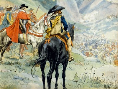 Geschiedenis van Frankrijk: Oorlog van de Successie van Mantua (1628-1631) tijdens de Dertigjarige Oorlog. De slag bij de Pas de Suze (Susa) met koning Lodewijk XIII (1601-1643) en kardinaal Richelieu (Armand Jean du Plessis) door Maurice Leloir