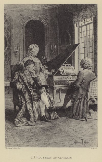 Jean-Jacques Rousseau aan het klavecimbel (gravure) door Maurice Leloir
