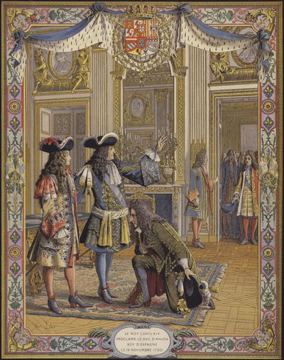 Koning Lodewijk XIV, hertog van Anjou, uitgeroepen tot koning van Spanje, ontvangt de eerbetuiging van zijn ambassadeur door Maurice Leloir