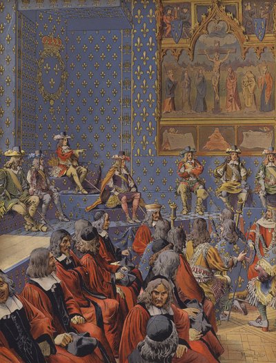 Koning Lodewijk XIV zittend in laarzen in het parlement door Maurice Leloir