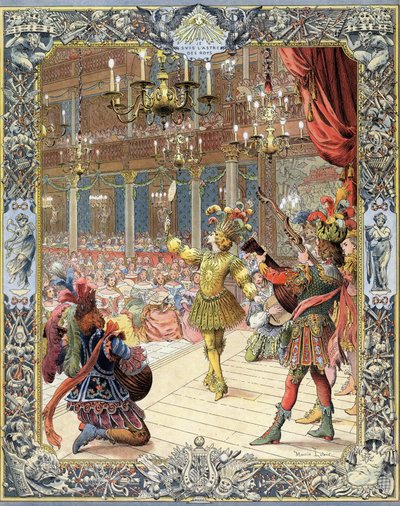 Lodewijk XIV, deelnemer aan het Ballet de la Nuit, libretto door Isaac de Benserade (1612-1691), in een zonnekostuum in de grote zaal van de Petite Bourbon in Parijs, 23 februari door Maurice Leloir