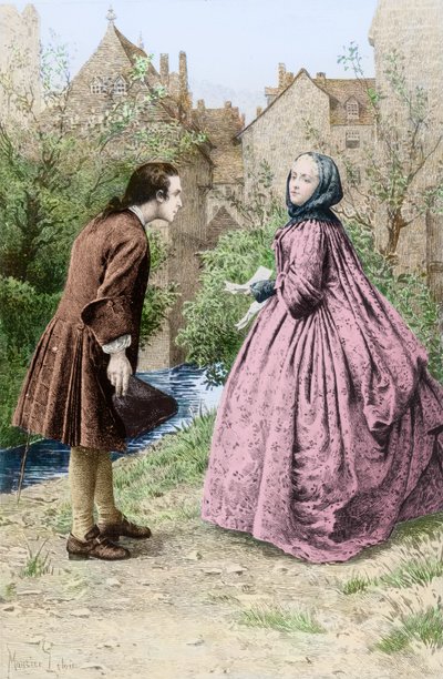 Ontmoeting van de jonge Jean-Jacques Rousseau en toekomstige goede vriendin Madame de Warens, 21 maart 1728 door Maurice Leloir