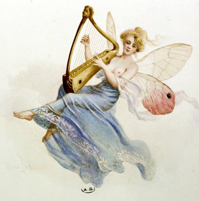 Muziek: fee die harp speelt. In 