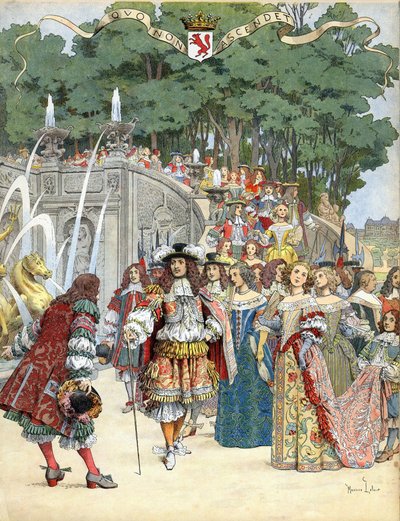 Nicolas Fouquet ontvangt de Engelse koning Lodewijk XIV in zijn kasteel van Vaux Le Vicomte, Frankrijk, 17 augustus door Maurice Leloir