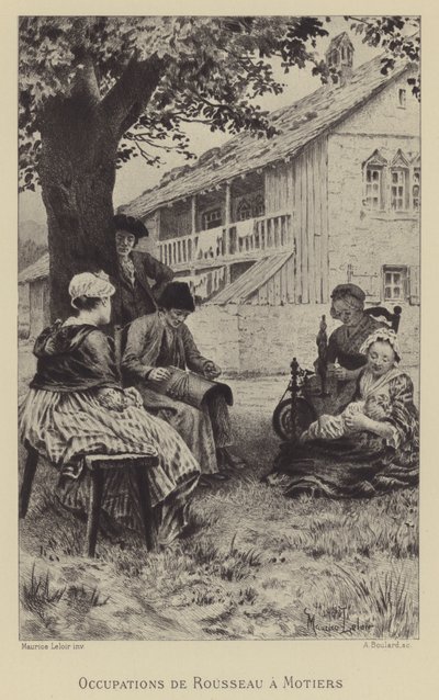Bezigheden van Rousseau in Motiers (gravure) door Maurice Leloir