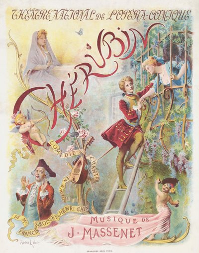 Première poster voor de opera Chérubin door Jules Massenet door Maurice Leloir