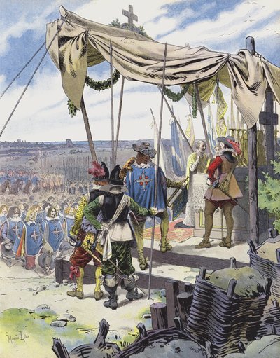 Richelieu viert de mis in het kamp van La Rochelle door Maurice Leloir
