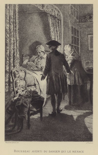 Rousseau gewaarschuwd voor het gevaar dat hem bedreigt (gravure) door Maurice Leloir